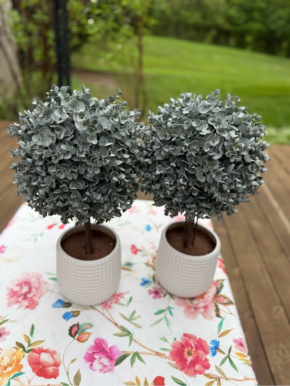 Pair of Faux Eucalyptus Topiary Trees in White Textured Pots - Grey Green 19’T